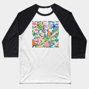 Modern chinoiserie flowers, birds and butterflies pattern Baseball T-Shirt